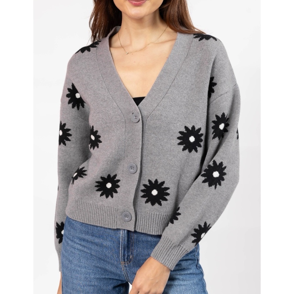 Smash + Tess Gray Cardigan Sweater with Black Daisy Pattern